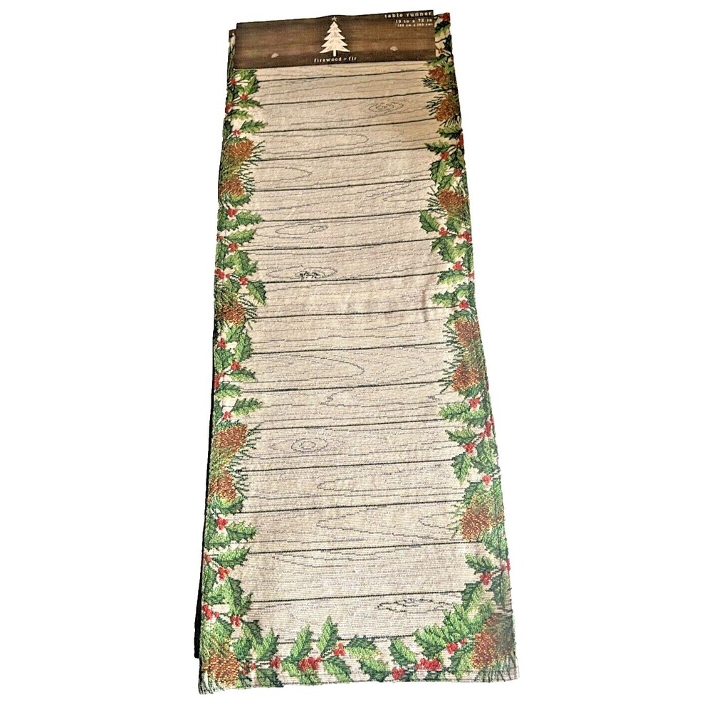 Christmas Holly Berries Table Runner Embroidered Tapestry Pinecone Rustic 13x72